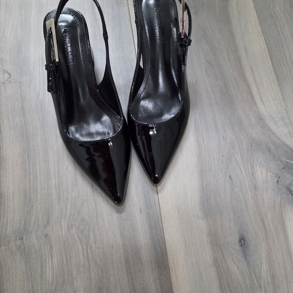 Black Patent Pointed Toe Slingback Heels